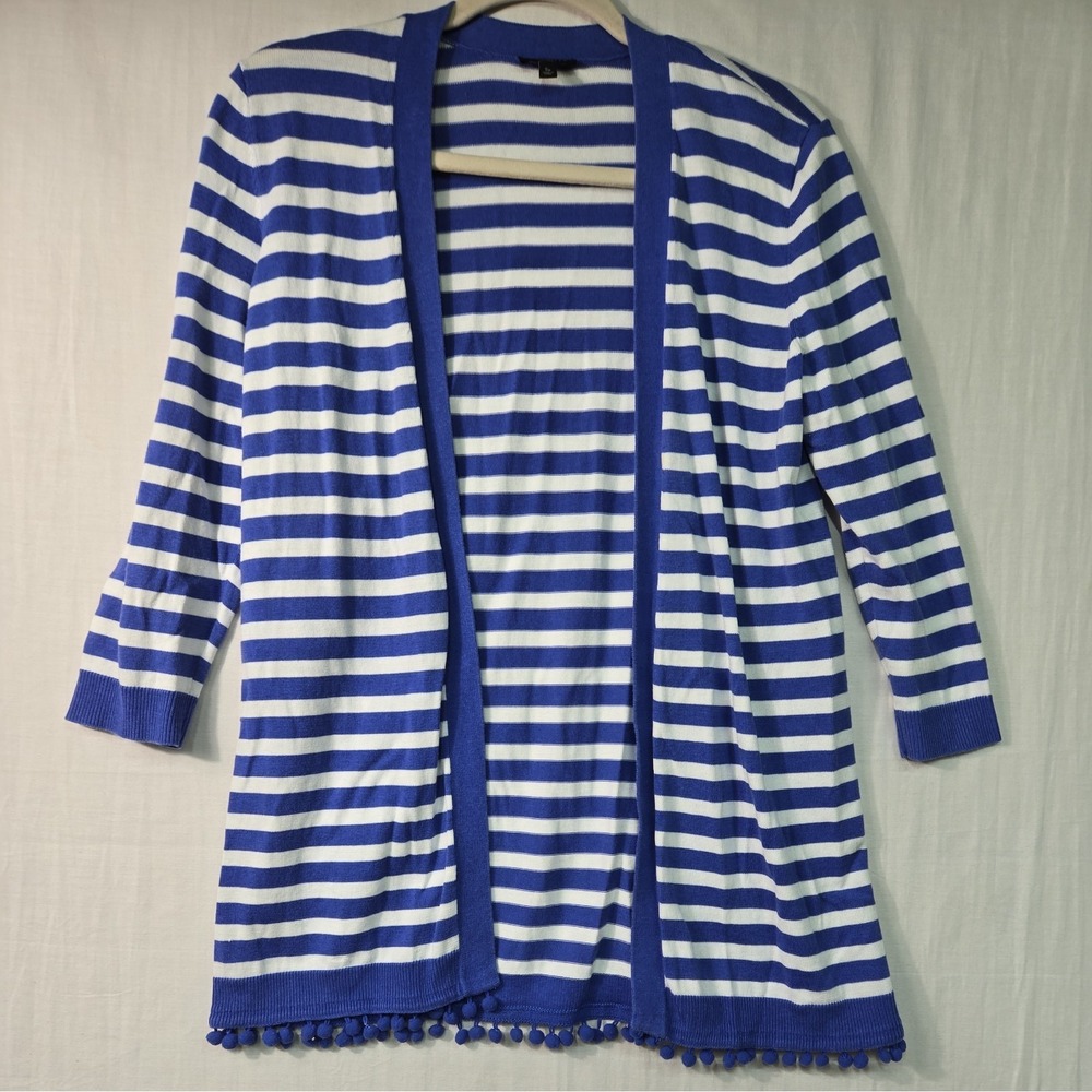 Talbots Women's S Petite Open Front Cardigan Pom Pom Trim Blue White Stripes